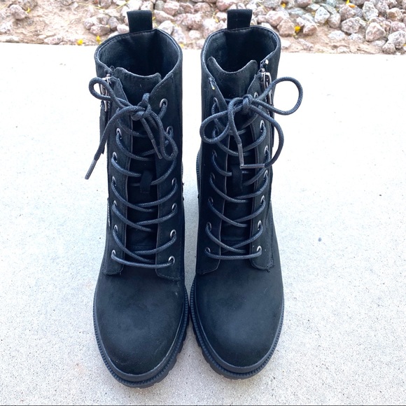 New Black Vegan Suede Zip Lace Up Moto Boots - Picture 3 of 8